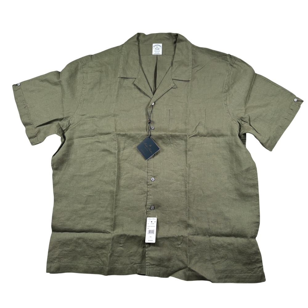 NEW Brooks Brothers Button Down Men XXL Olive Green 100% Linen Camp Collar Shirt